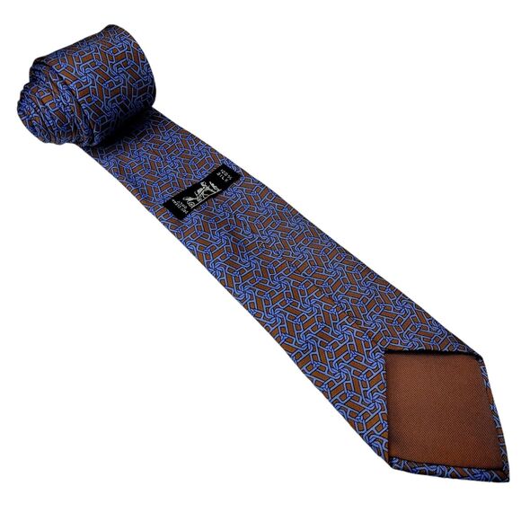 Hermes Men's Silk Tie 7056 TA, Blue And Brown France 100% SOIE Silk Neck Tie - Picture 1 of 9